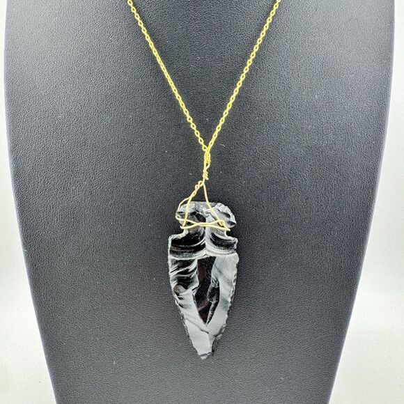Wire Wrapped Vintage Obsidian Arrowhead Necklace – Handmade Boho Tribal Pendant - Picture 1 of 9
